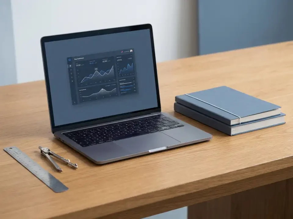 Analytisch bureau met liniaal, passer en laptop met dashboardgegevens, twee notitieboeken op eikenhouten oppervlak in wit en leisteenblauw.