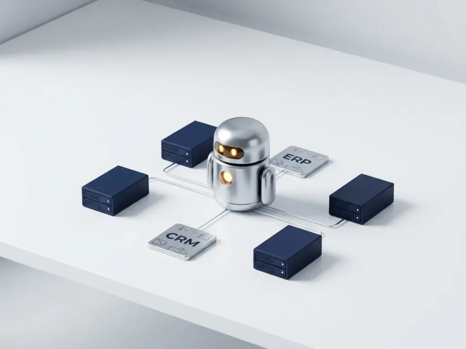 Autonome robot op wit bureau omringd door miniatuur servers, CRM-dashboard en ERP-module, verbonden door lijnen in zilver en marineblauw.