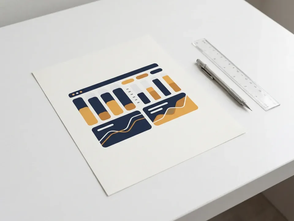 Afgedrukt Power BI-dashboard op mat papier naast een liniaal en mechanisch potlood, met staaf- en lijngrafieken in marineblauw en amber.