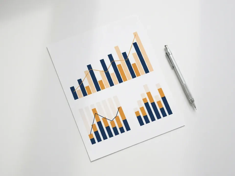 Afgedrukt Power BI-dashboard op mat papier met staaf- en lijngrafieken in marineblauw en amber, naast een mechanisch potlood op wit bureau.