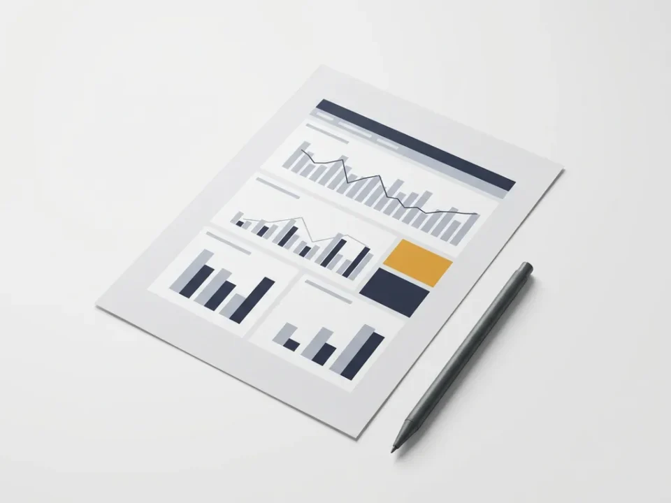 Afgedrukt Power BI-dashboard op mat papier met staaf- en lijngrafieken in marineblauw en amber, diagonale pen, bovenaanzicht.