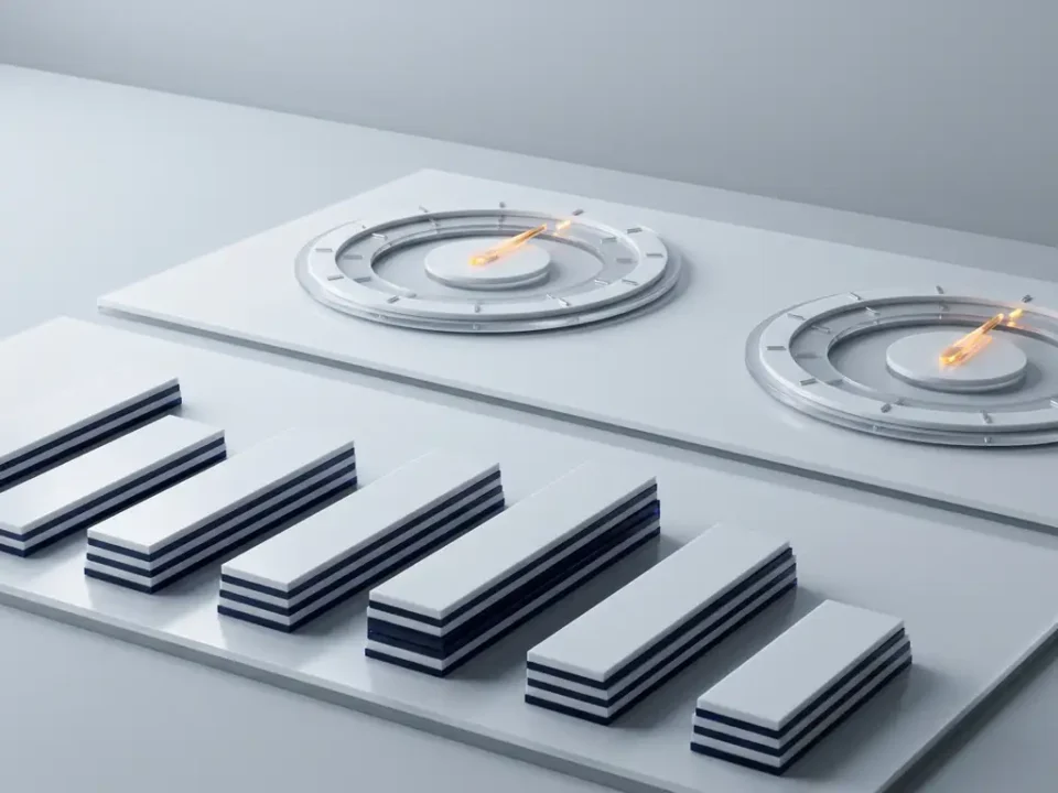 Fysieke dashboard-sculptuur met witte acryl staafdiagrammen en ronde meters op lichtgrijs oppervlak, navy en amber accenten.