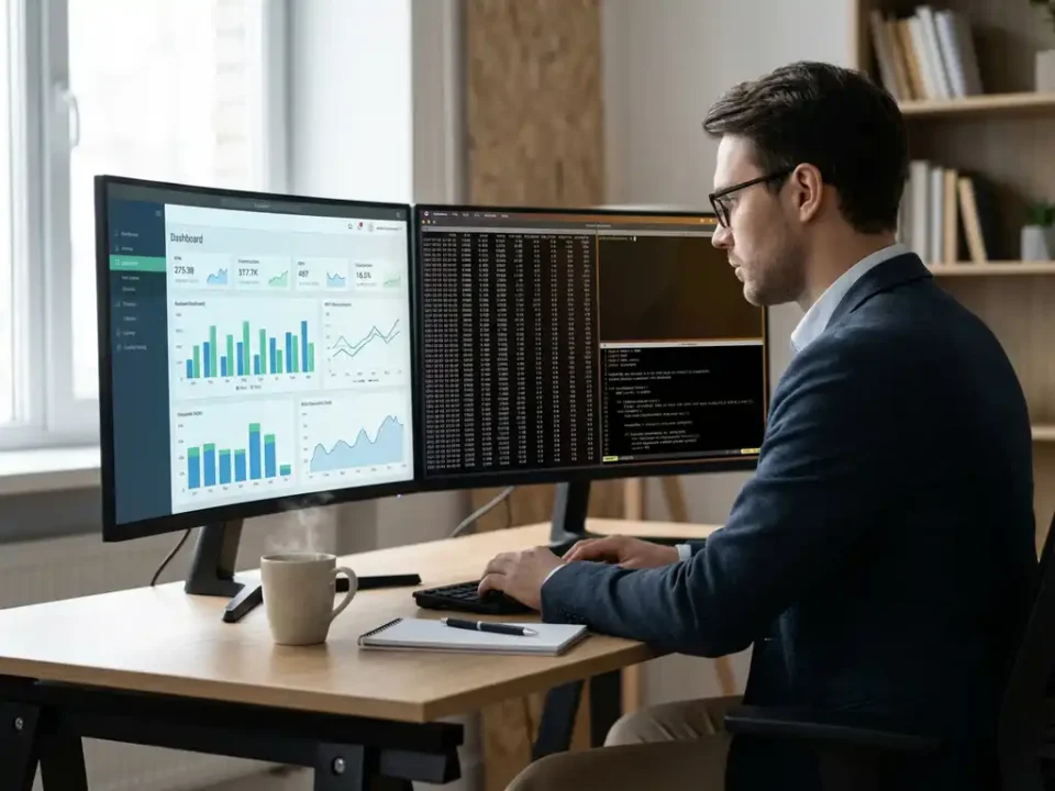 Data-analist vergelijkt executive dashboard met grafieken en ruwe datatabellen op twee monitoren, koffie op modern bureau.