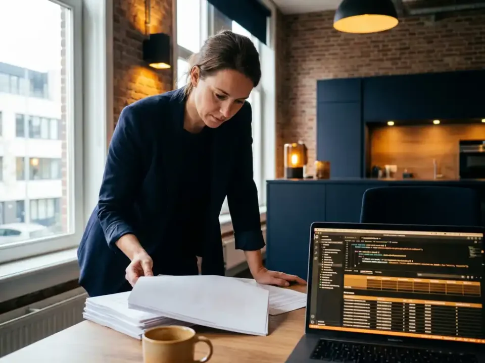 Databasebeheerder buigt over bureau met onvolledige datarapporten naast open laptop met gestructureerde data, kantoor met natuurlijk licht.
