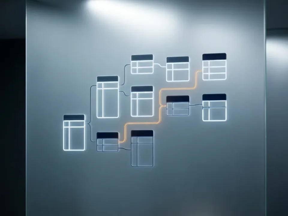 Gloeiend databaseschema op matglas met verbonden tabelknooppunten en een verlicht querypad in warm amber.