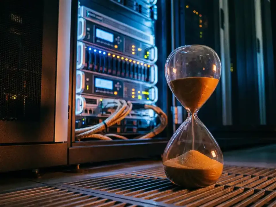 Industriële zandloper met stromend amber zand voor een verlicht serverrek in een donker datacenter.