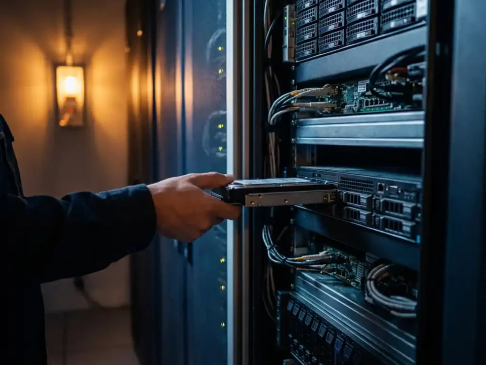Technicus die een herstelde harde schijf terugplaatst in een serverrack, verlicht door warm amber noodverlichting in een donker datacenter.
