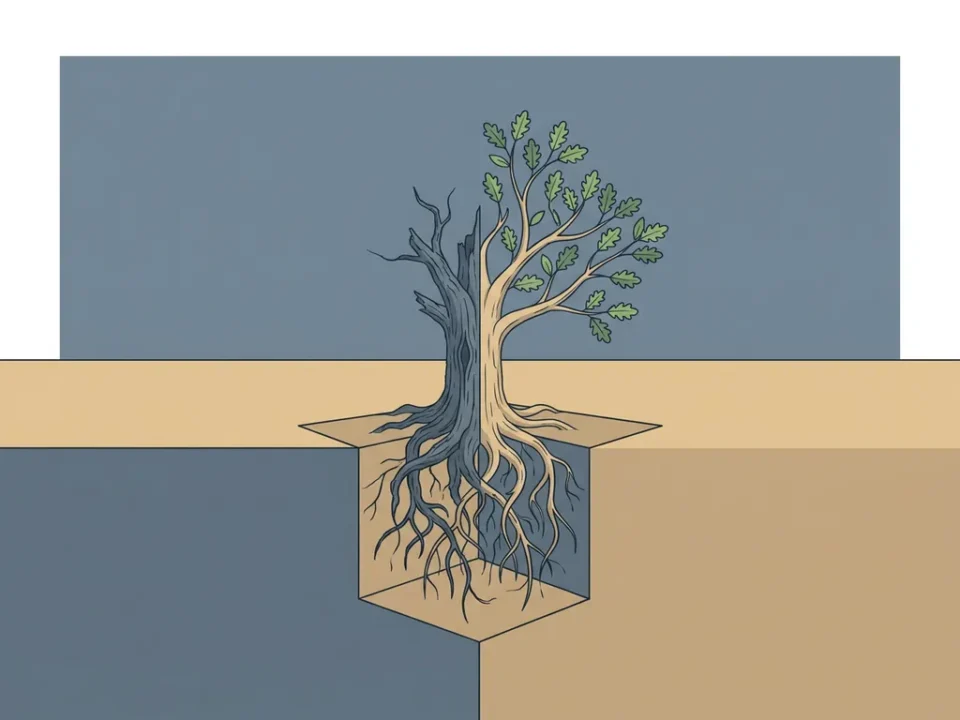 Eikenboom met zichtbare wortels in dwarsdoorsnede van de aarde, half verweerde schors en half frisse nieuwe groei, zachte leisteen- en zandtinten.