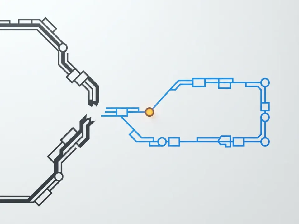 Gebroken elektrisch circuit dat omleidt via een reservelijn, geometrische vormen in houtskool en elektrisch blauw met een amberkleurig knooppunt.