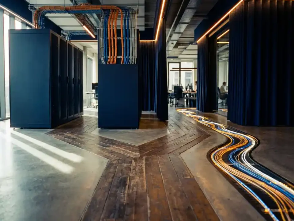 Gesplitst pad in modern IT-kantoor: links serverracks met kabelmanagement, rechts gloeiende glasvezelkabels op betonvloer.