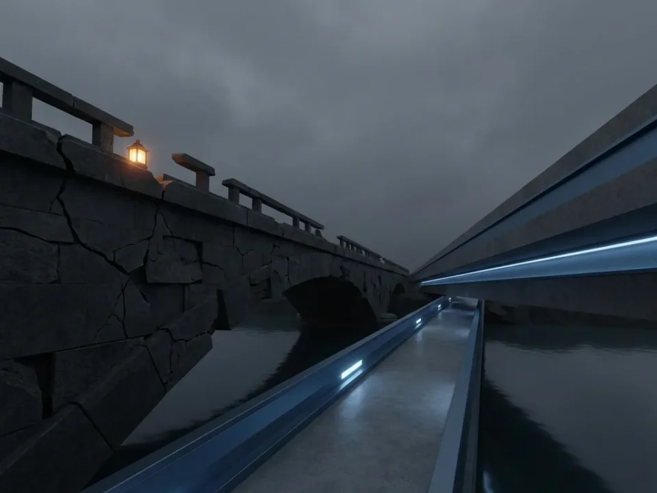 Gebarsten stenen brug naast een intacte blauw verlichte doorgang over een rustige rivier, lage camerahoek.