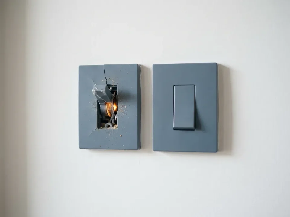 Gebarsten lichtschakelaar naast een intacte schakelaar op witte muur, zachte zijdelingse belichting benadrukt contrast tussen defect en intact.