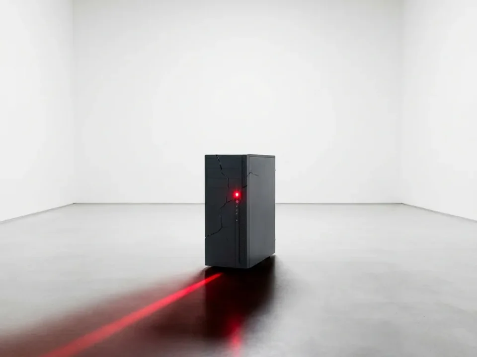 Gebarsten servertoren met rood waarschuwingslicht op betonnen vloer in minimalistische witte omgeving, lage camerahoek.