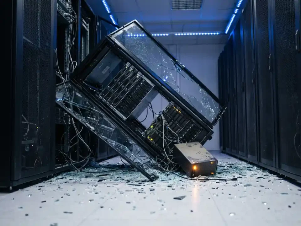 Instortende glazen databaseserver met verspreide scherven op witte serverroomvloer, verlicht door blauw noodlicht en één amber waarschuwingslamp.
