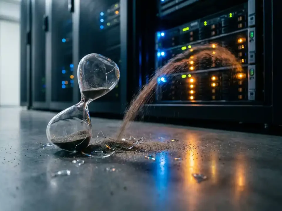 Gebroken zandloper met uitstromend zand op serverruimtevloer, met gloeiende serverracks op de achtergrond, symboliseert dataverlies en hersteltijd.