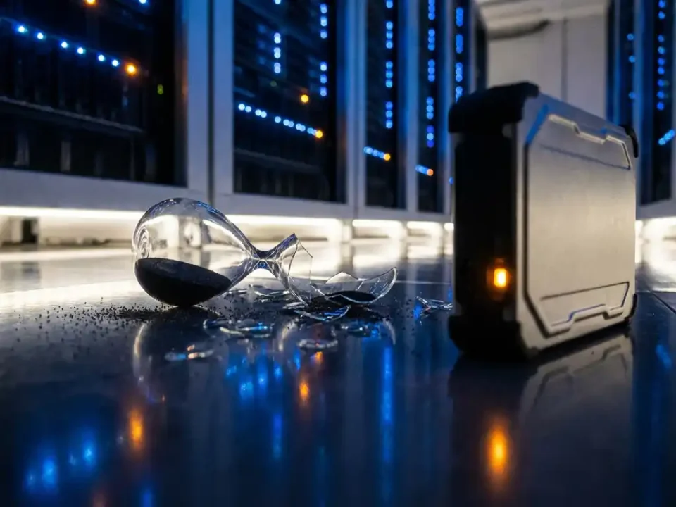 Gebroken zandloper op donkere serverroomvloer met uitstromend zand, blauwe serverrack-lampjes en een intacte backup-schijf op de voorgrond.