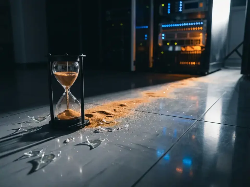 Gebroken zandloper op serverzaalvloer met uitstromend zand richting verlichte serverracks, dramatische zijverlichting.