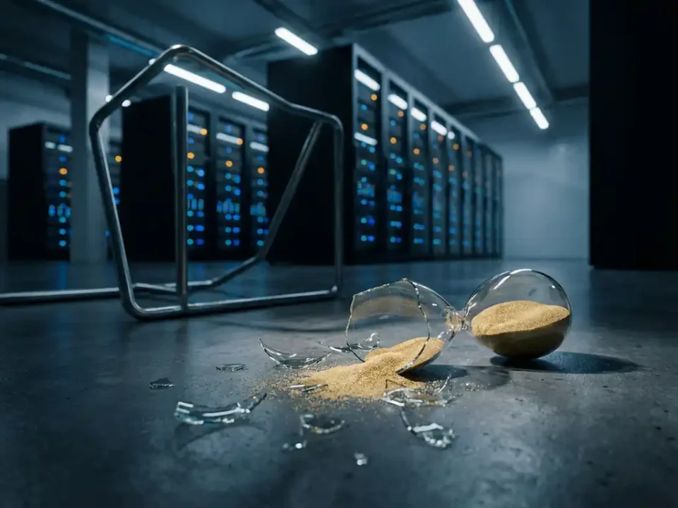 Gebroken zandloper op serverruimtevloer met uitstromend zand, verlichte serverrekken op de achtergrond, dramatische blauwe en amberkleurige belichting.
