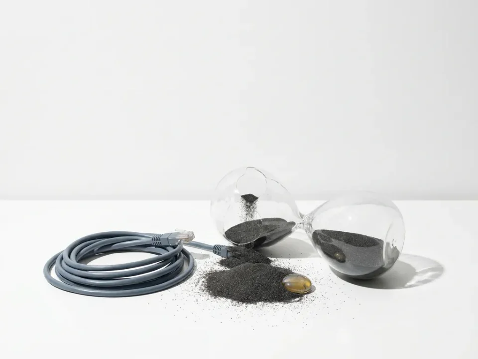 Gebroken zandloper op zijn zij op wit bureau, donker zand gestopt halverwege, loshangende ethernetkabel ernaast, minimalistische compositie.