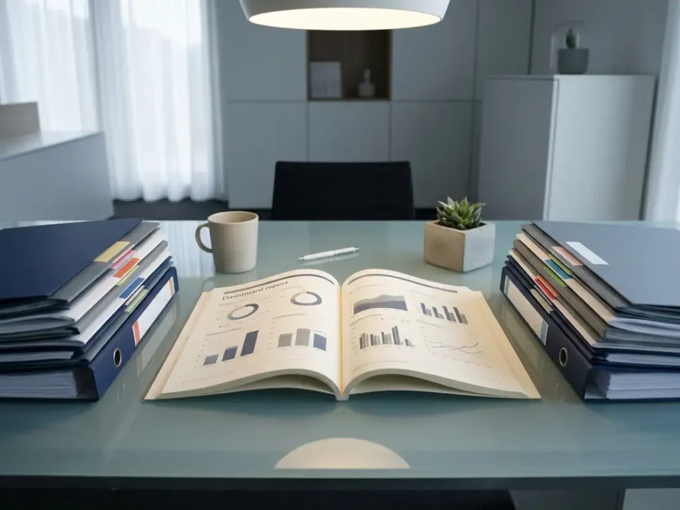 Twee stapels georganiseerde mappen op een glazen bureau die samenkomen in een open rapportdashboard, modern minimalistisch kantoor.