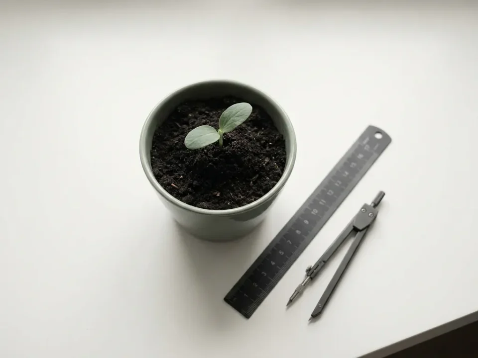 Kleine groene zaailing die opkomt uit donkere aarde op een wit bureau, naast een liniaal en passer.