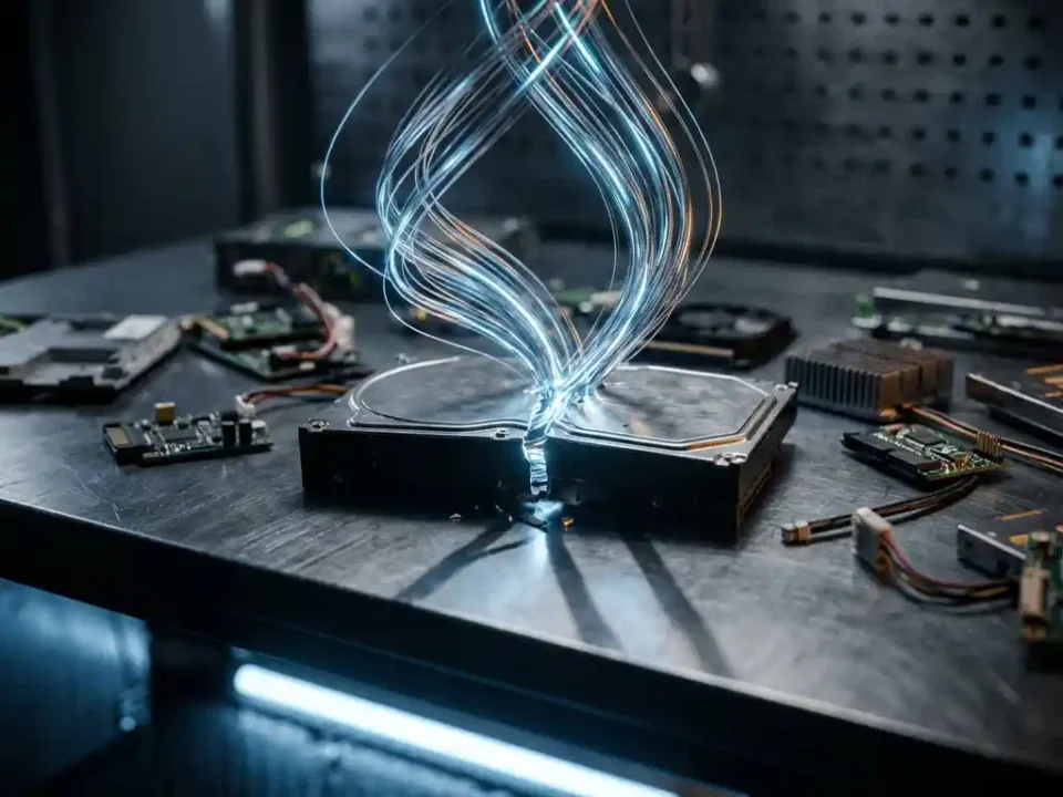 Gebarsten harde schijf met gloeiende datastromen die omhoog vloeien, omgeven door servercomponenten op een donker metalen bureau.
