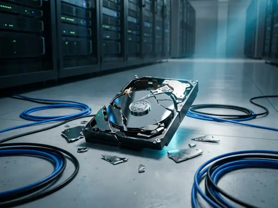Gefragmenteerde harde schijf in reconstructie op serverruimtevloer, omgeven door datakabels en blauw licht.