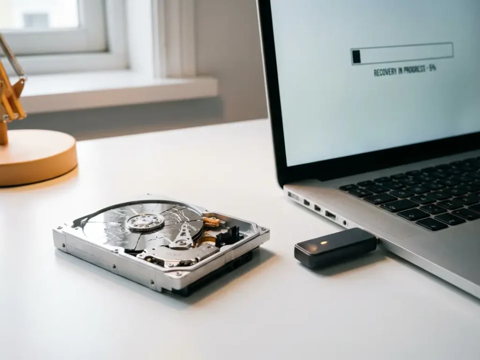 Gebarsten harde schijf op wit bureau met zichtbare metalen schijven, USB-hersteltool aangesloten op laptop met voortgangsindicator.