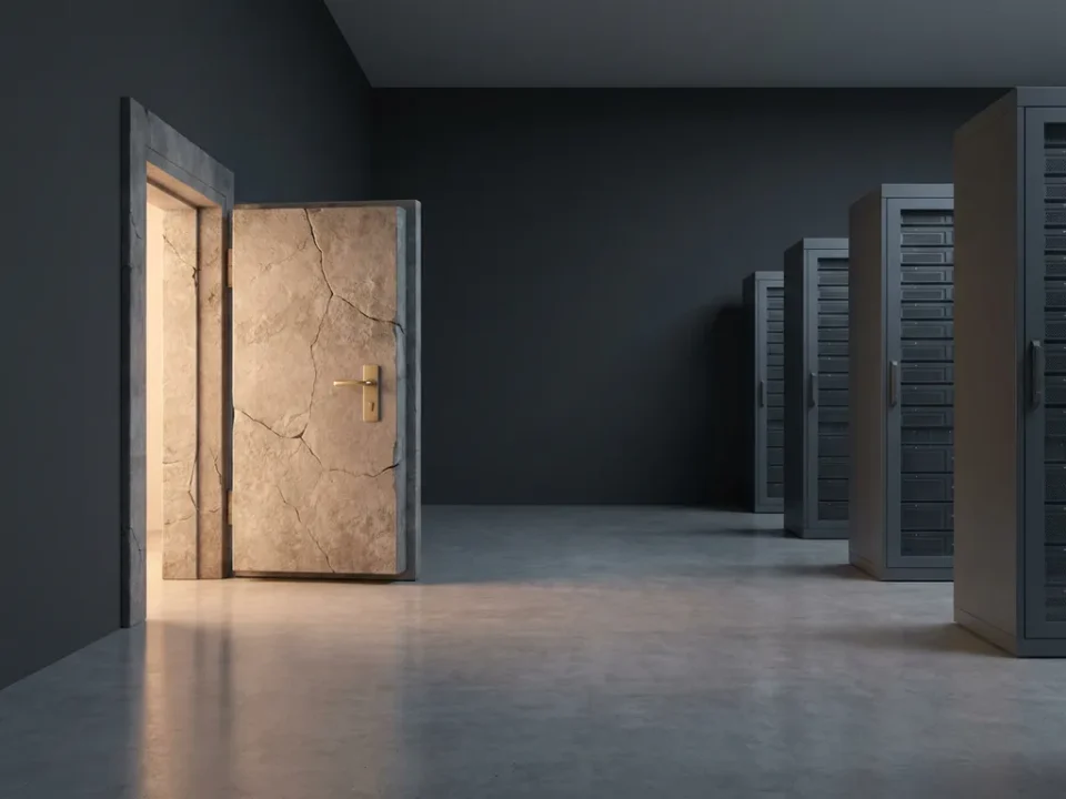 Gebarsten stenen kluisdeur op een kier in een minimalistische serverruimte, warm amberkleurig licht valt op betonnen vloer.
