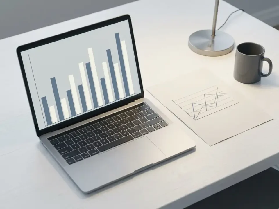 Laptop met minimalistisch staafdiagram op wit bureau, naast een geometrische datavisualisatie op mat papier, in rustige werkruimte.