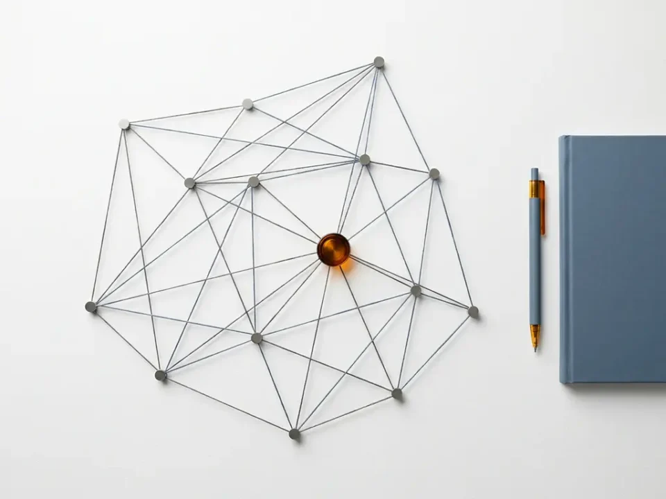 Minimalistisch netwerkdiagram met geometrische lijnen en knooppunten, één centraal punt in amber gemarkeerd, notitieboek en pen ernaast.