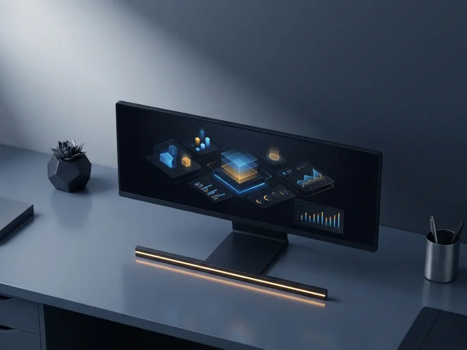 Power BI-dashboard op donkere monitor met geometrische datacharts, amber accentlijn en marineblauw-antraciet kleurenpalet.
