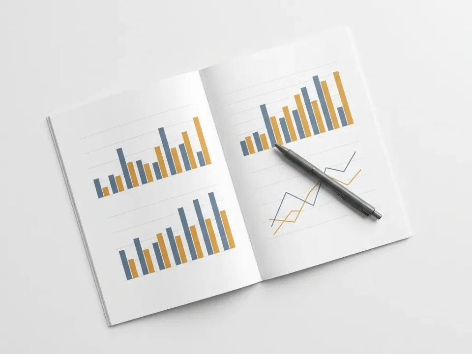 Afgedrukt Power BI-dashboard met staafdiagrammen en datalijnen op wit bureau, pen diagonaal erop, bovenaanzicht.