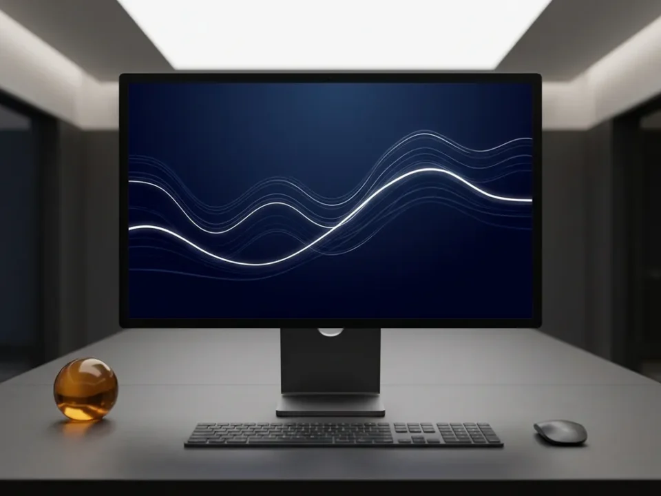 Power BI-dashboard met real-time datavisualisaties op donker monitor, navy blauw en wit met amber accent.