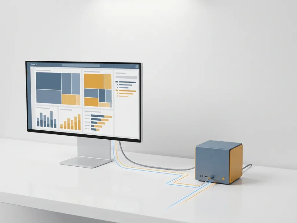 Power BI-dashboard op monitor verbonden met ERP-server via kabel, minimalistische opstelling in leisteenblauw en amber op wit bureau.