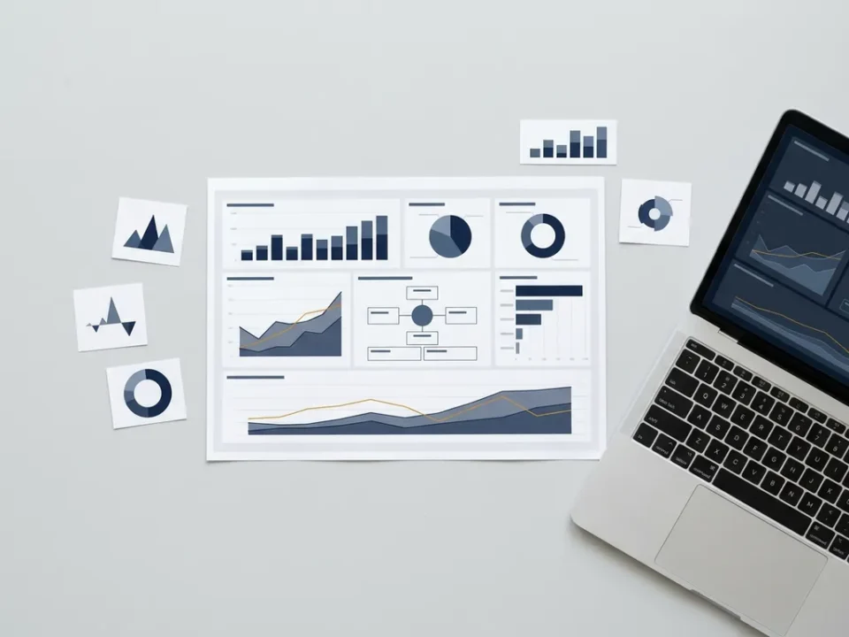 Power BI-dashboard rapport op wit papier naast een laptop en zakelijke grafieken op een grijs bureau, navy en amber kleurenschema.
