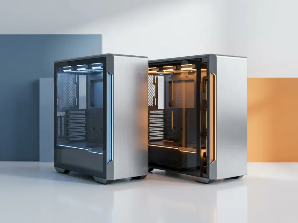 Twee identieke servertorens tijdens een naadloze failover-wissel op wit oppervlak, in leisteenblauw en amber tinten.
