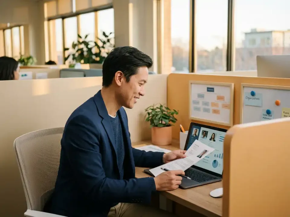 Professional in zakelijke kleding bekijkt kandidaatprofielen op laptop in modern open kantoor met organogrammen en wervingsdocumenten.