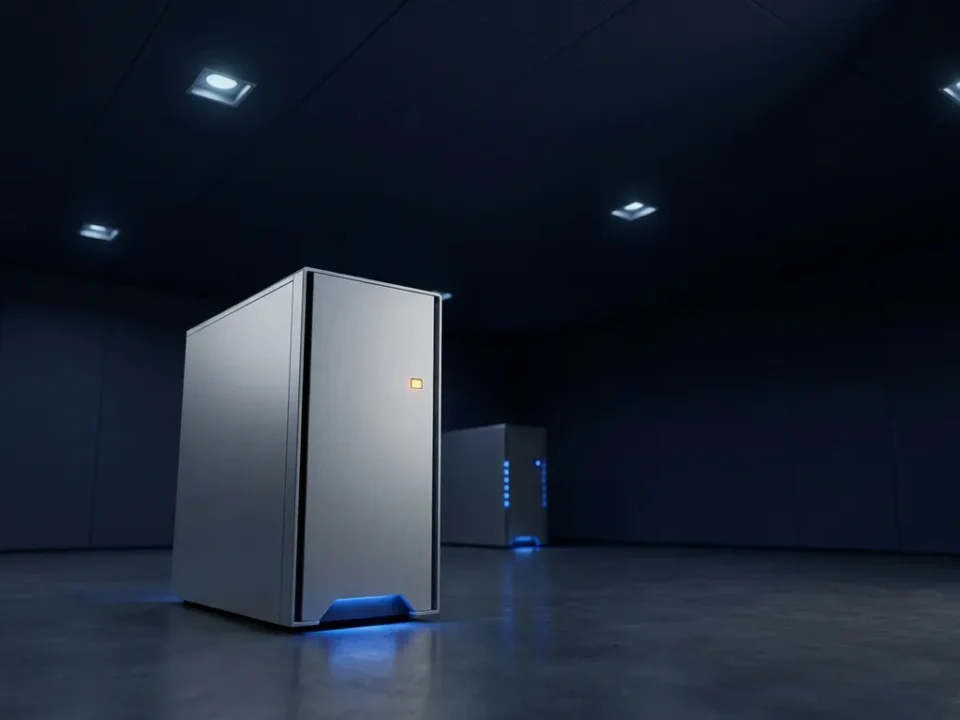 Verlichte servertoren in donker datacenter met koele navy- en zilveren tinten en een warm amber accentlicht op de achtergrond.
