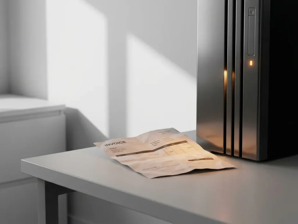 Verfrommelde factuur naast een serverrack met een oranje waarschuwingslampje in een minimalistisch wit kantoor.