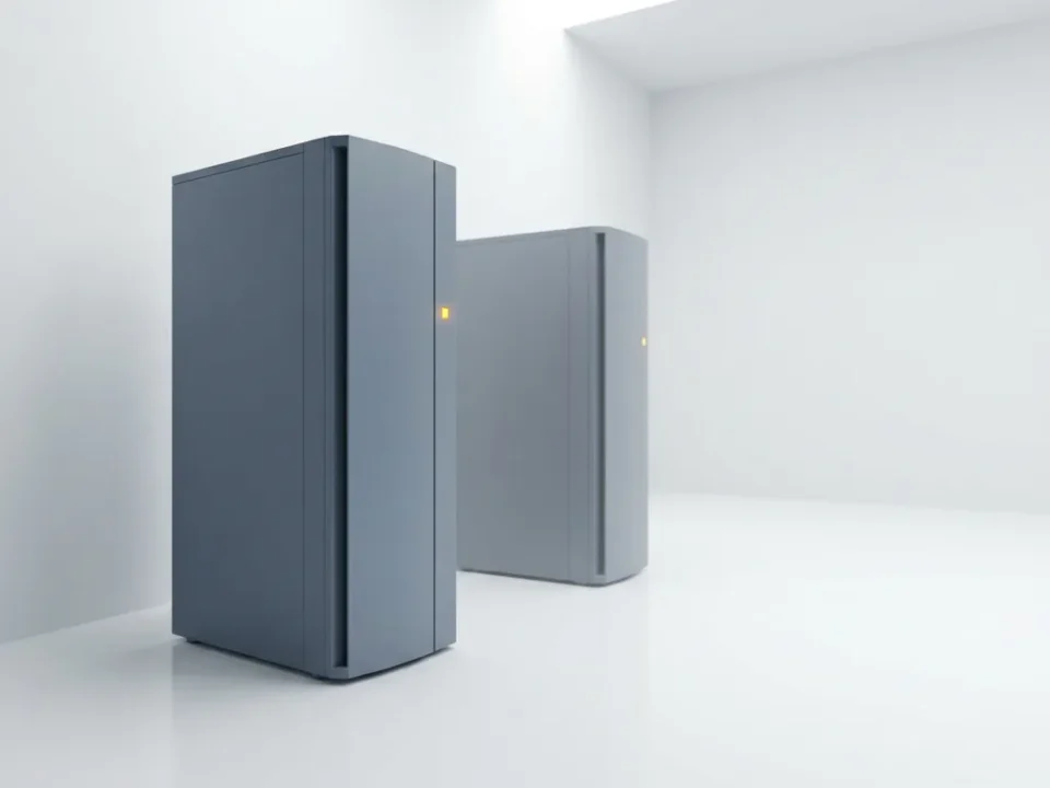 Serverrack met amber waarschuwingslampje in witte serverruimte, terwijl een identieke vervangingsserver op de achtergrond klaarstaat.