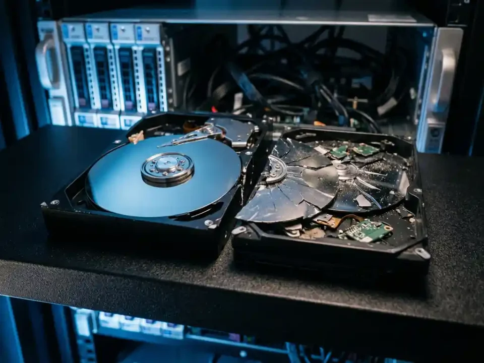 Gebarsten server harde schijf met twee herstelwegen: een hersteld exemplaar en een gefragmenteerde schijf op donker serverrek.