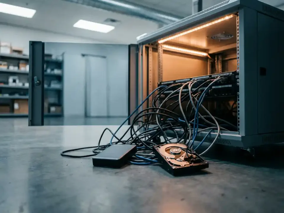 Open serverkast met verstrengelde kabels op betonnen vloer, beschadigde harde schijf naast intacte back-updrive, verlicht door warm amberlicht.