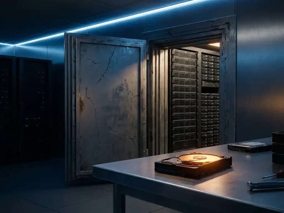Openstaande serverkluis met gestapelde harde schijven, terwijl een gloeiende amber schijf op een stalen bureau op de voorgrond staat in blauwe serverruimte.