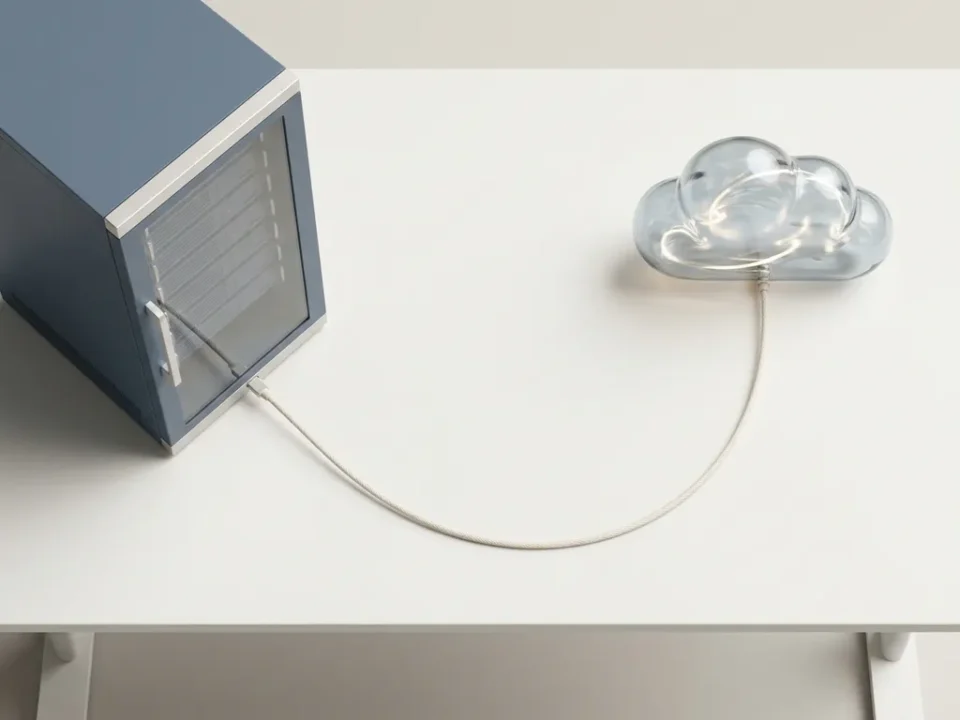 Serverrack en glazen wolksculptuur verbonden door een kabel op een minimalistisch bureau, bovenaanzicht in leisteenblauw en gebroken wit.