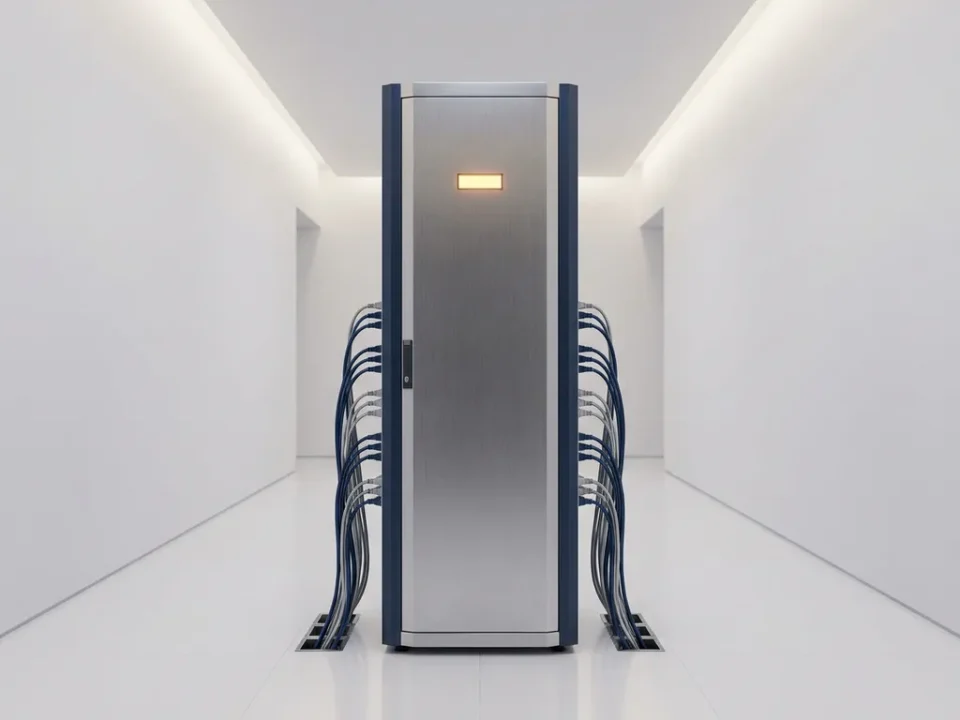 Serverrack in witte datacentergang met symmetrische kabelverbindingen, blauw-zilveren tinten en een warm amberkleurig accentlicht.