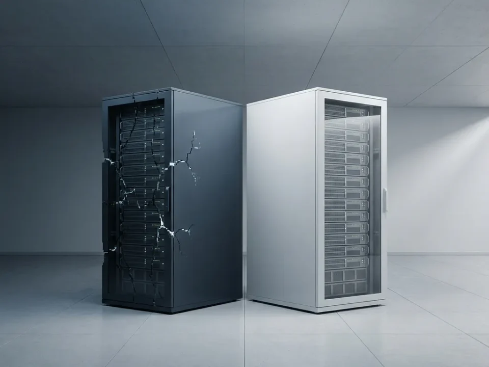 Beschadigde serverrack naast identieke herstelde twin in minimalistische datacentergang met symmetrische belichting en koele grijsblauwe tinten.