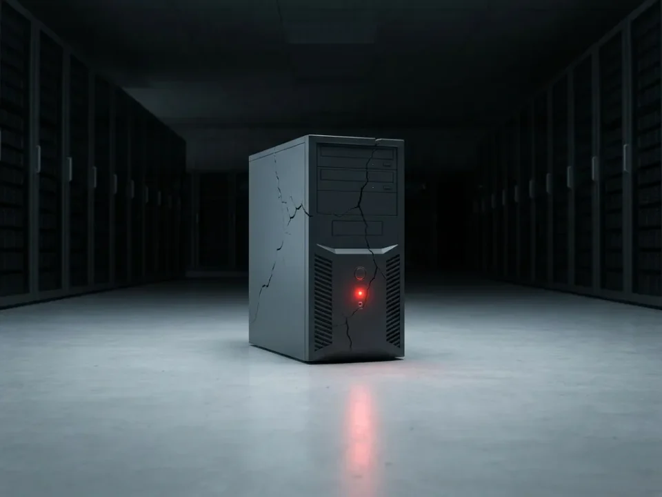 Gebarsten servertoren in verlaten datacenter met rood waarschuwingslampje op betonnen vloer.