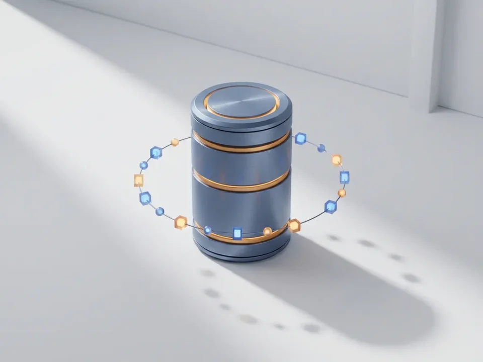 Gepolijste cilindrische servertoren met geometrische dataknooppunten in baan eromheen, lei-blauw en amber tinten, minimalistische compositie.