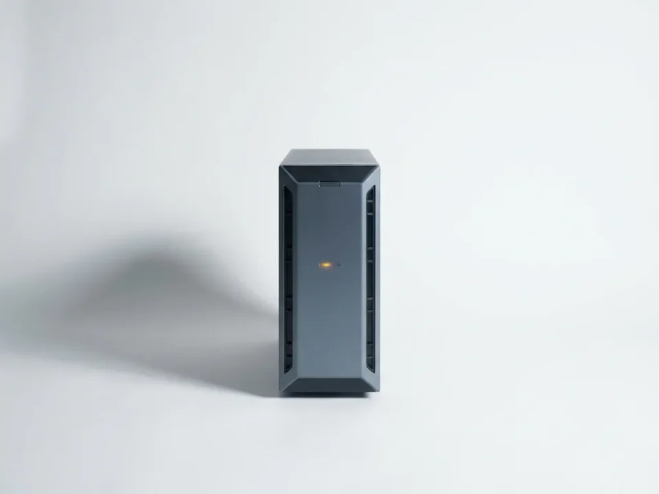 Eenzame servertoren op wit oppervlak met dimmer wordend amber indicatielampje en lange schaduw in leisteen- en houtskoolgrijs.